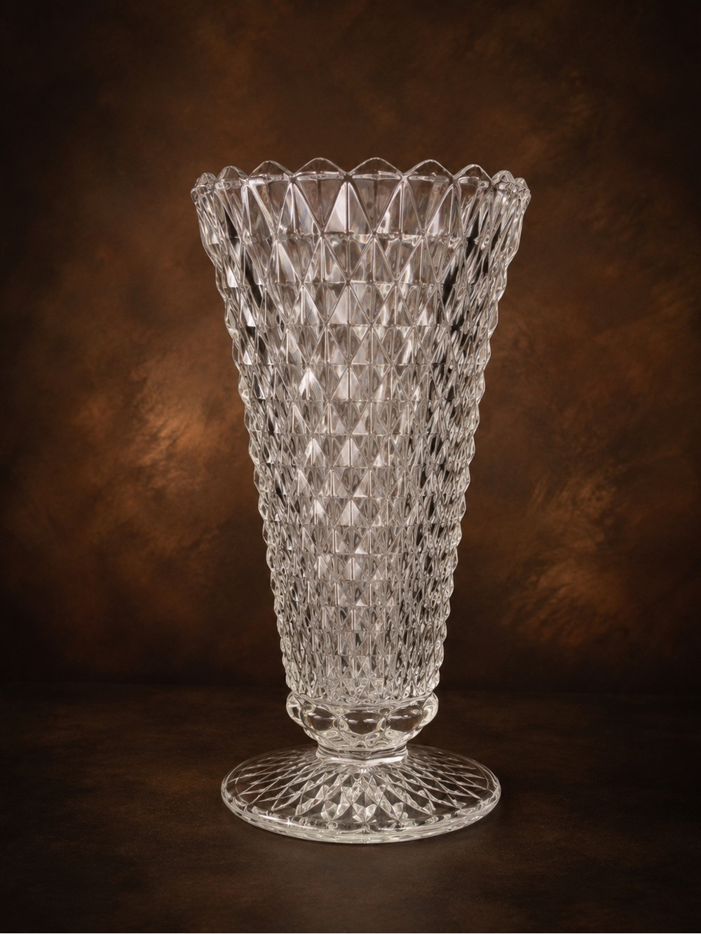 Vintage Indiana Glass Diamond Point Clear Vase - 8”